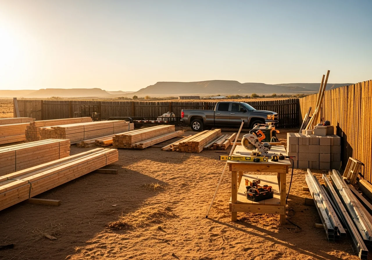 Construction crew and equipment on an active job site, showcasing tools and materials for residential and commercial building projects.