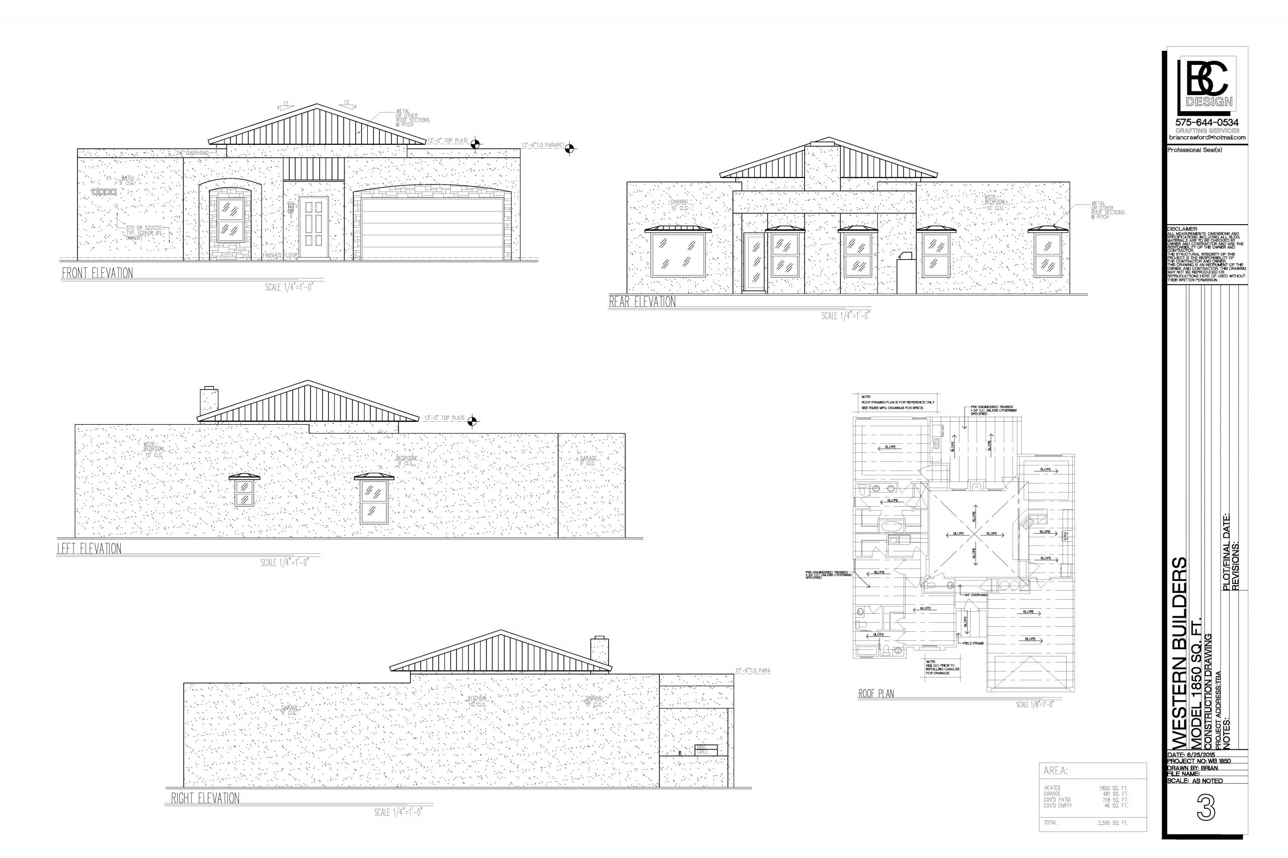 Architectural elevations and floor plan for residential home with gabled roof and stone exterior