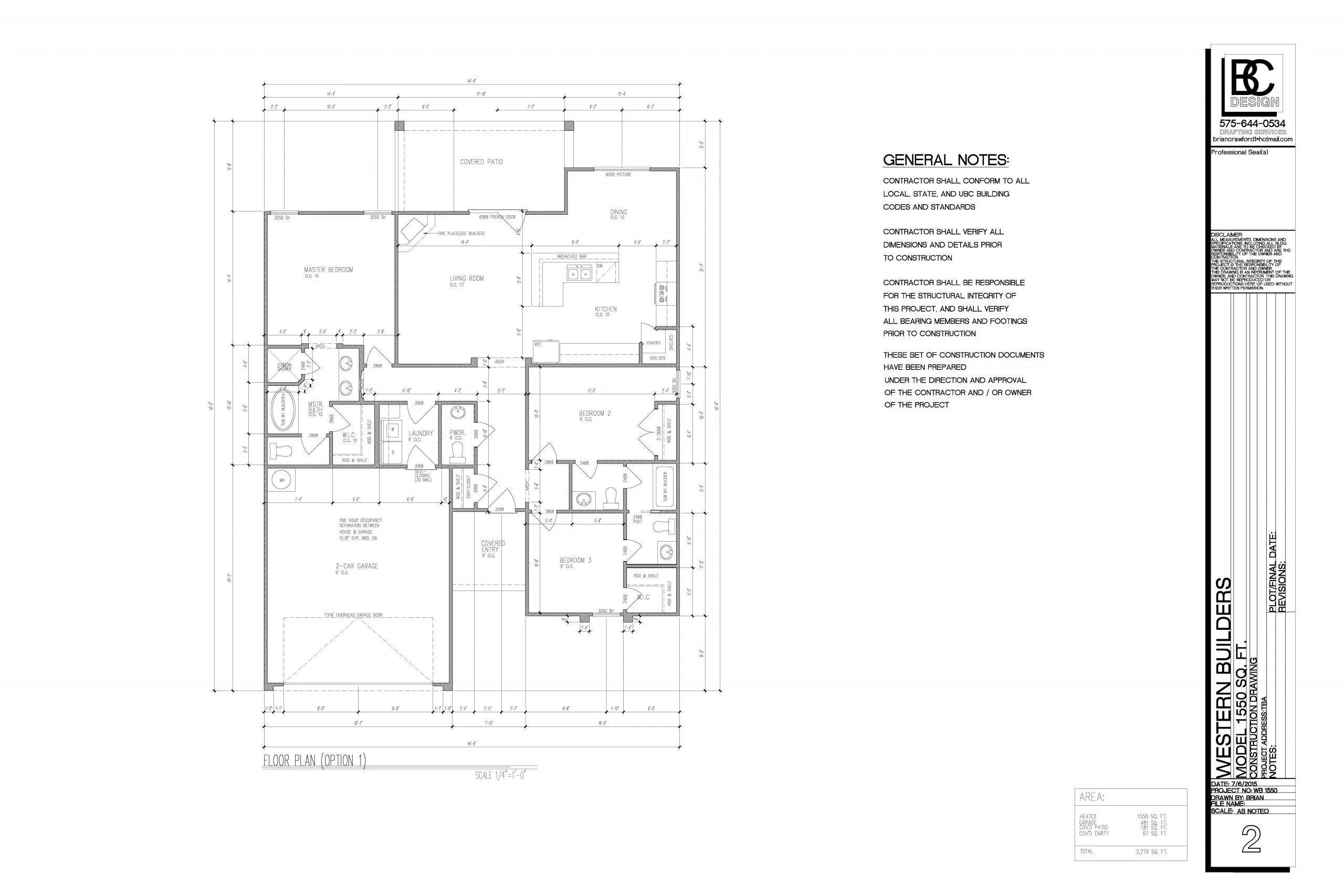 Architectural floor plan with dimensions, bedrooms, bathrooms, garage, and living areas