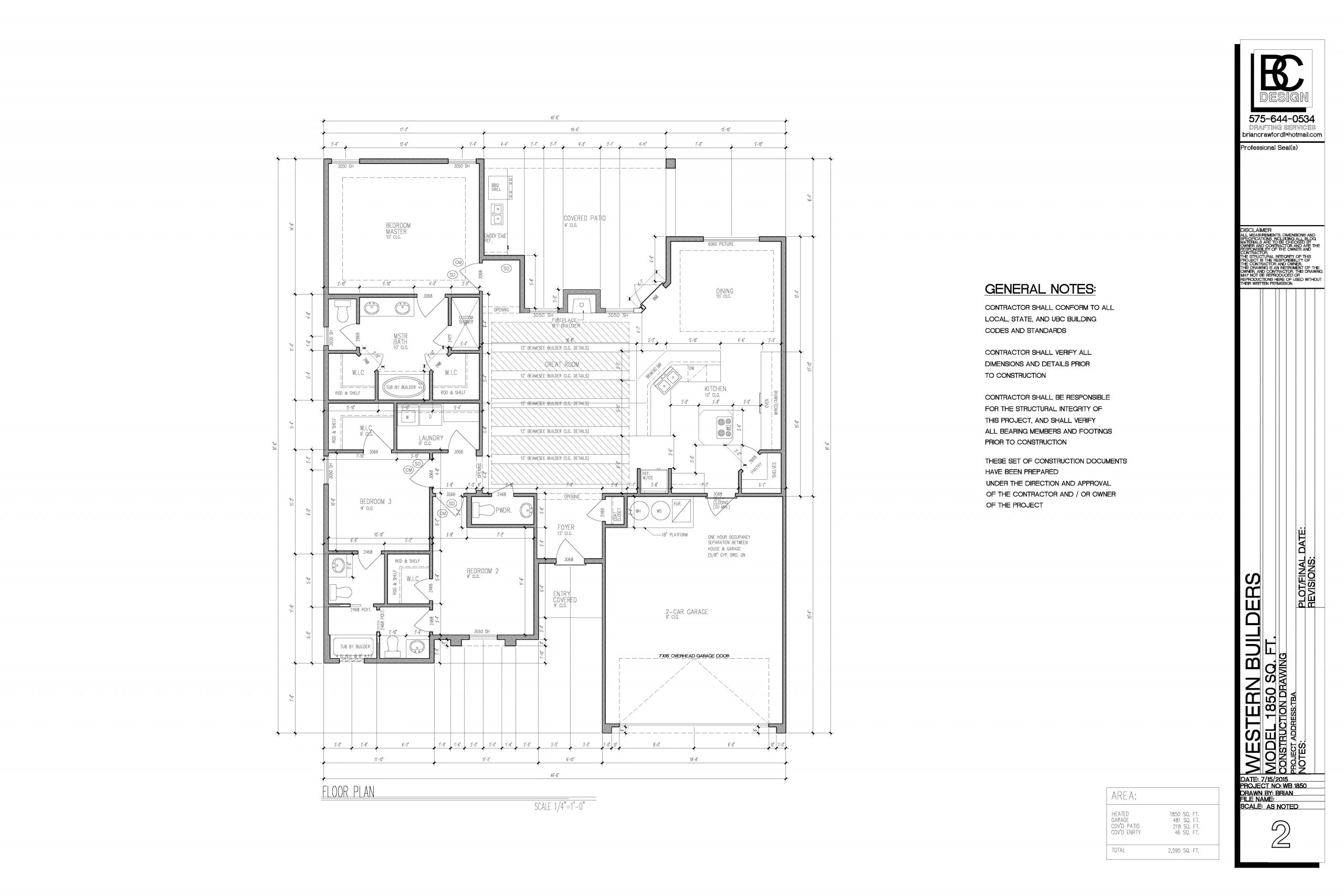 Architectural floor plan with room layouts, dimensions, and construction details for residential home