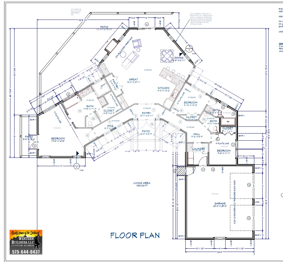 Architectural floor plan with bedrooms, bathrooms, kitchen, garage, and patio layouts