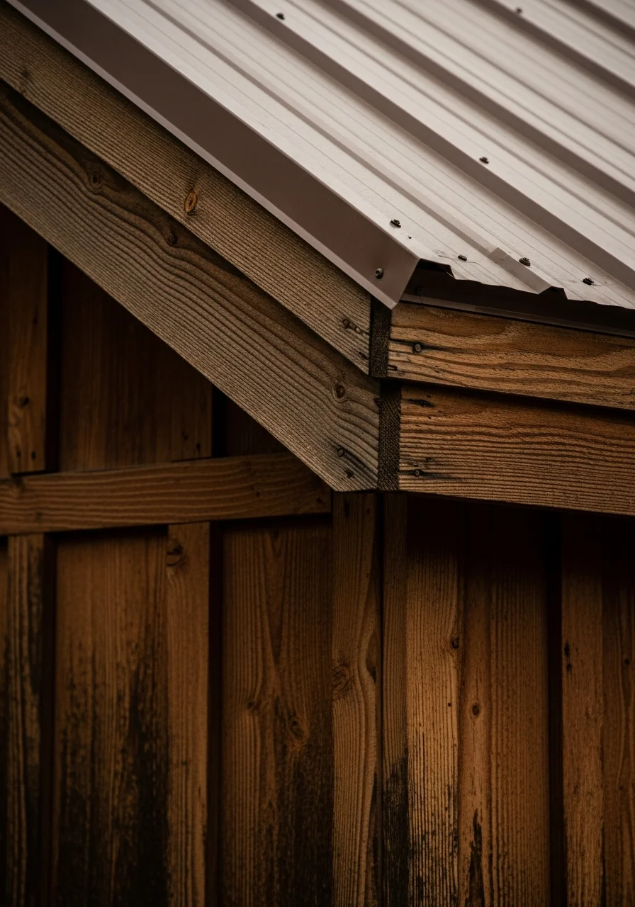 Close-up of quality workmanship on a mountain cabin exterior with weathered wood siding and metal roofing.