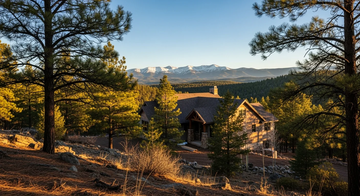 Mountain home nestled among tall pines in Ruidoso with snow-capped peaks visible in the distance.