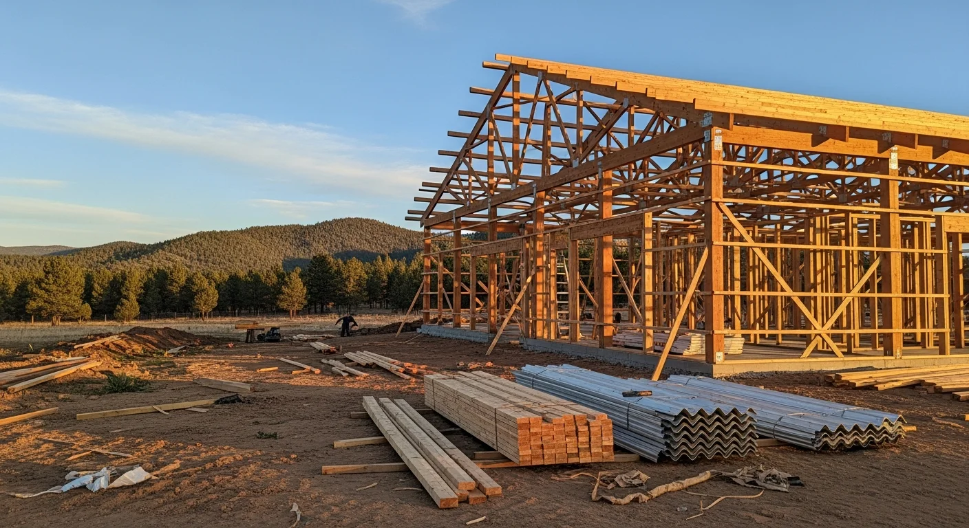 A newly constructed agricultural barn on a rural Lincoln County property near Ruidoso, New Mexico, with a metal roof and open equipment bay set against the Sacramento Mountain foothills. The structure sits on a cleared site with a gravel approach and surrounding pasture land.