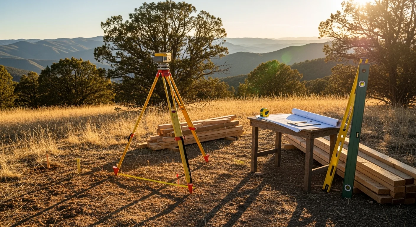 A barn construction consultation in progress on a rural Ruidoso, New Mexico property, with a builder reviewing site layout against a backdrop of the Sacramento Mountains. The open land shows the high-elevation terrain typical of Lincoln County.