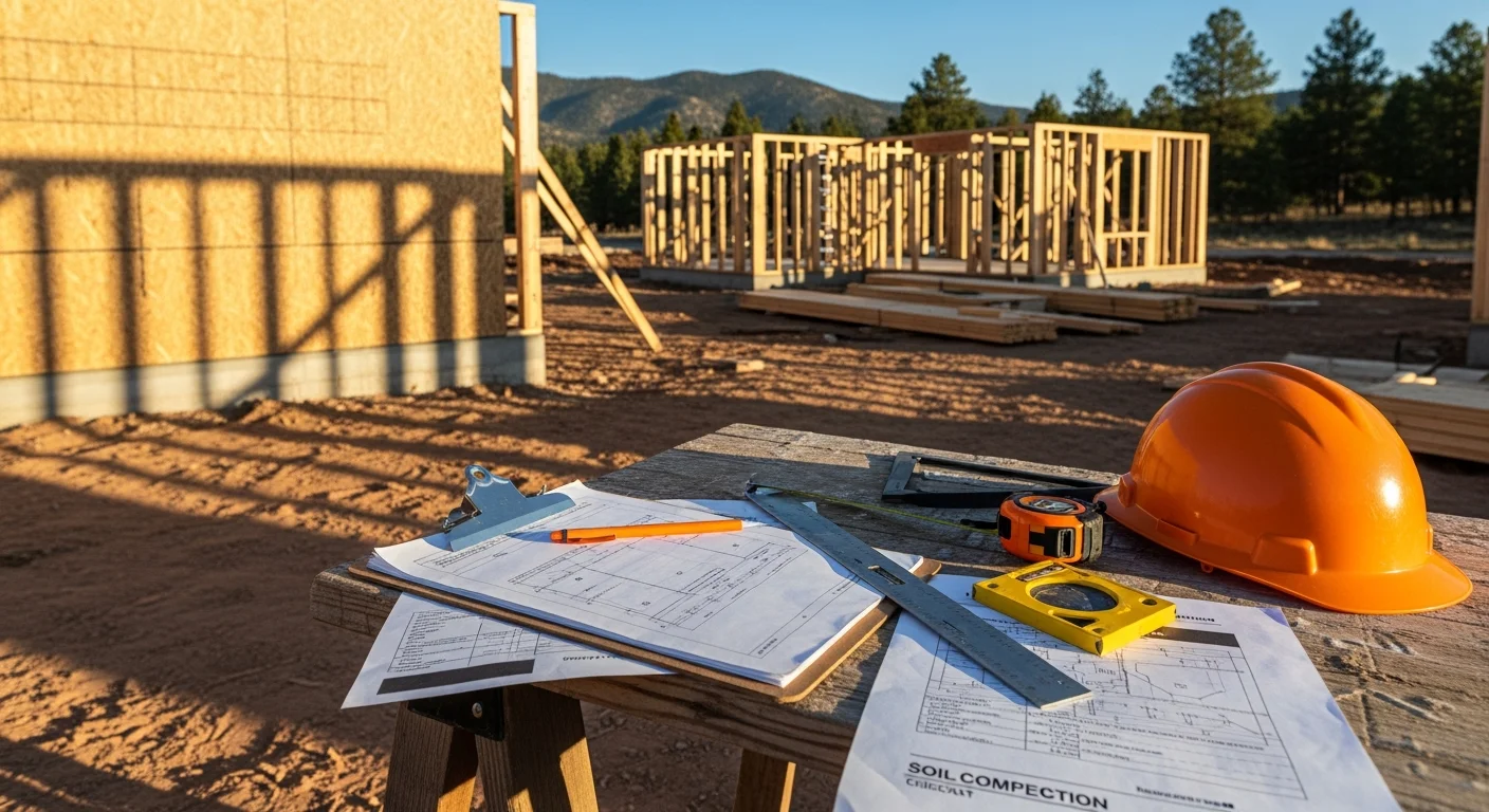 A Western Builders project manager reviewing construction plans on an active build site in Ruidoso, New Mexico, with a wood-framed structure and mountain terrain visible in the background. The site shows organized staging of materials and active framing work under clear high-altitude skies.