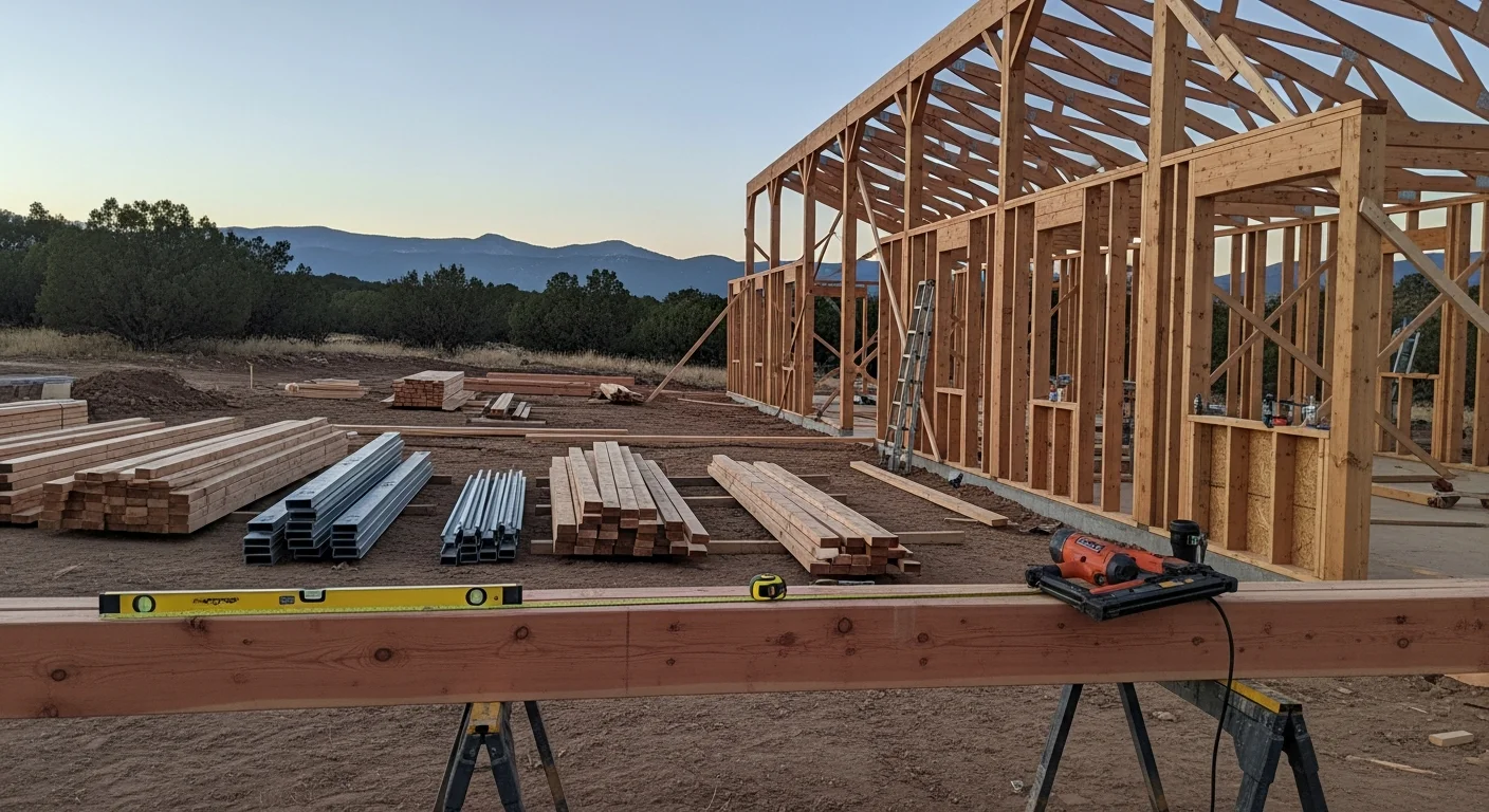 A newly completed custom wood-framed barn on a rural property in Ruidoso, New Mexico, with the Sierra Blanca mountain range visible in the background. The structure features a pitched metal roof designed to shed snow and rain common to Lincoln County's high-elevation climate.