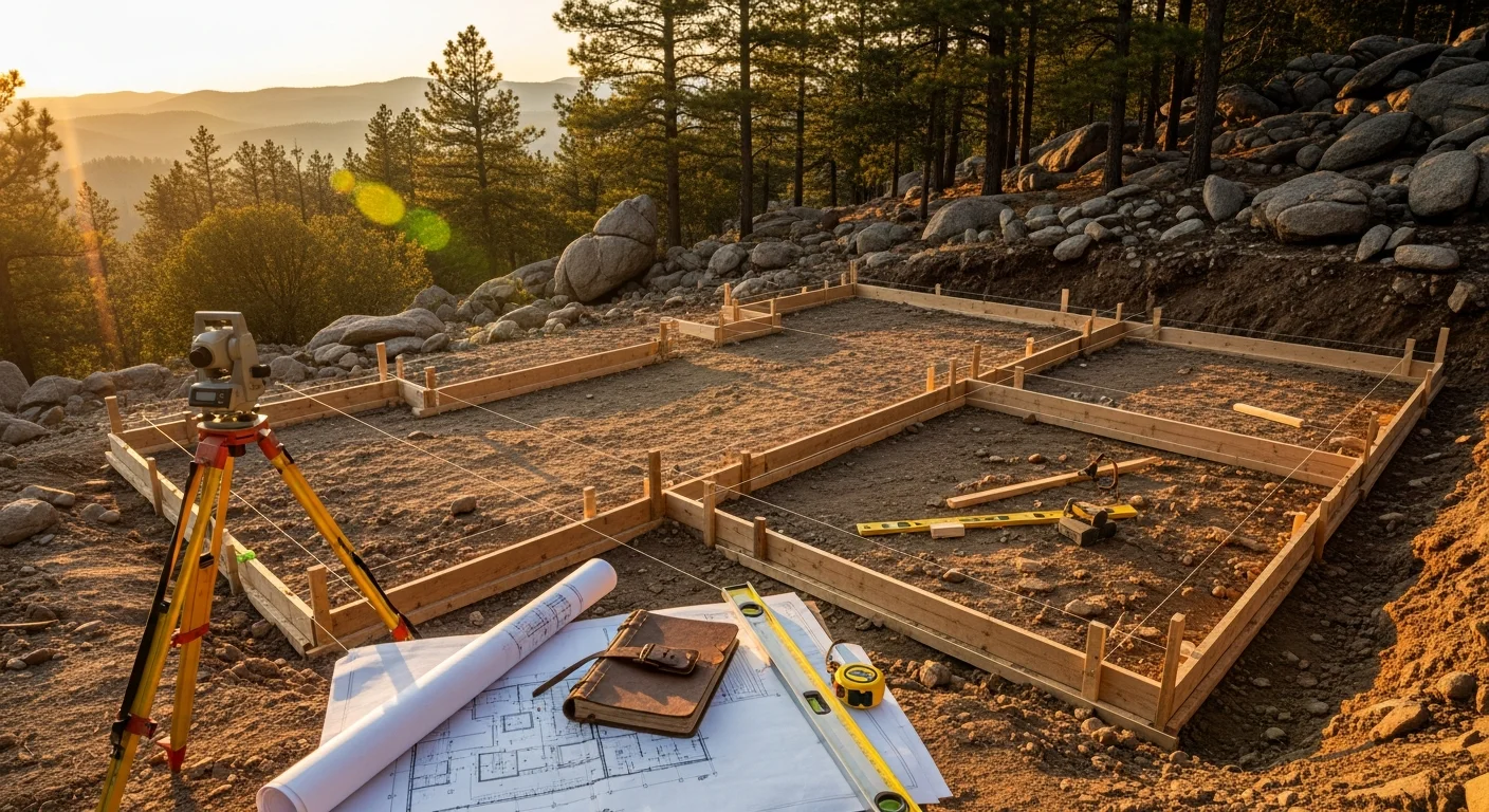 A newly completed custom mountain home built by Western Builders on a forested lot in Ruidoso, New Mexico, with a pitched roof designed for snow load and views of the Sacramento Mountains visible from the front elevation.