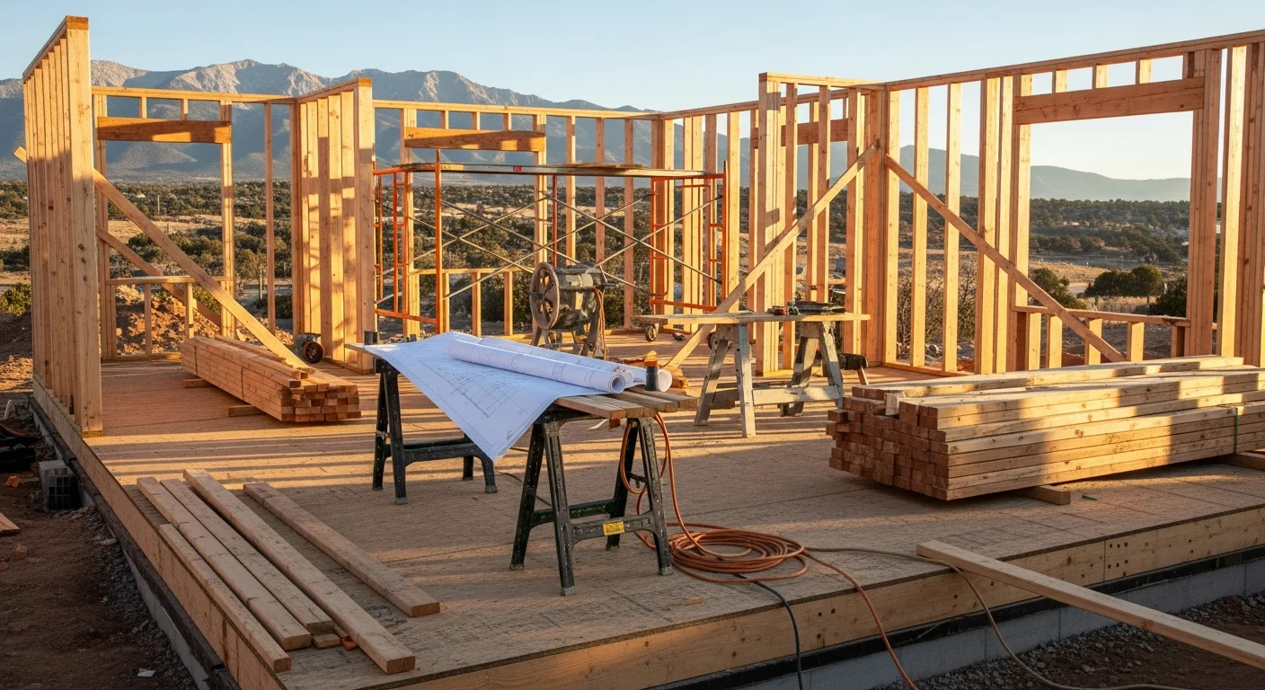 A newly constructed wood-frame home on a pine-covered hillside in Ruidoso, New Mexico, with mountain terrain visible in the background. Western Builders general contracting crew works on site framing during the build phase.