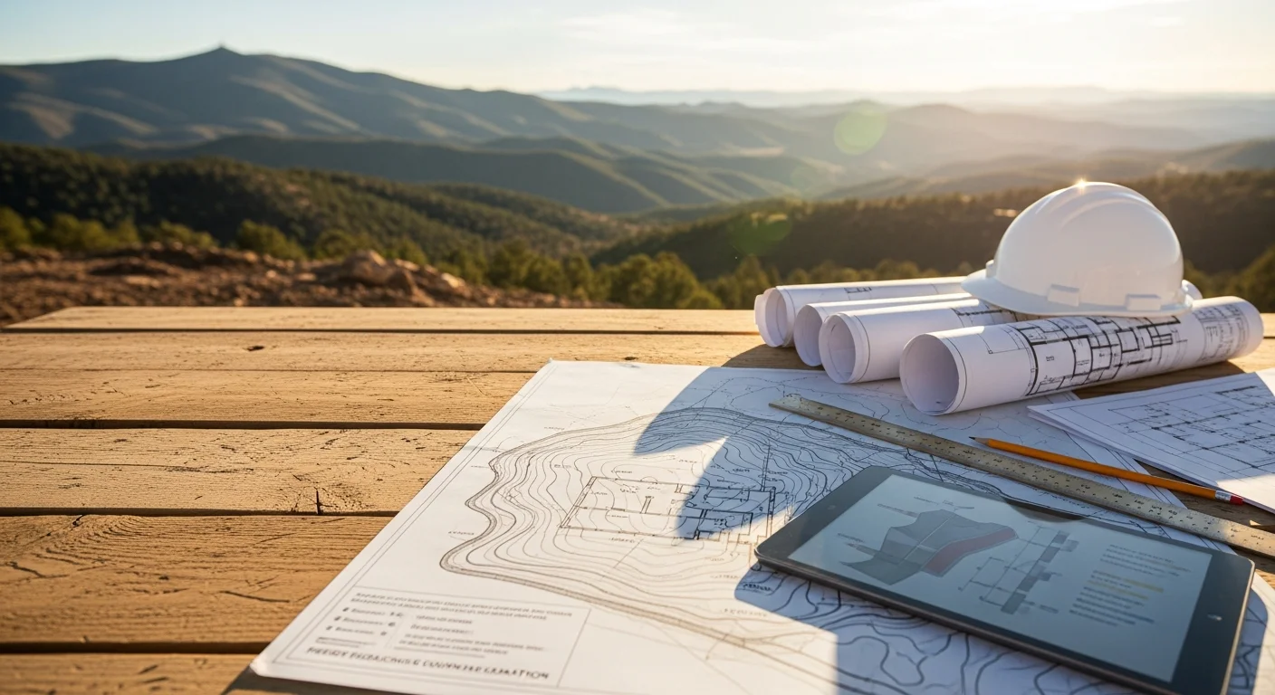 A Western Builders consultant reviewing a custom home floor plan with a client on a mountain lot in Ruidoso, New Mexico. Forested Sacramento Mountain terrain is visible in the background with a cleared building site in the foreground.