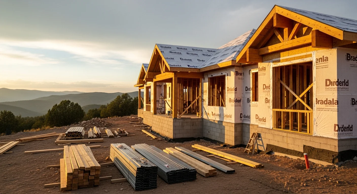 A newly completed custom luxury home built by Western Builders on a pine-covered hillside lot in Ruidoso, New Mexico, with large windows framing views of the Sacramento Mountains. The exterior features a weather-resistant finish suited to the area's four-season mountain climate.