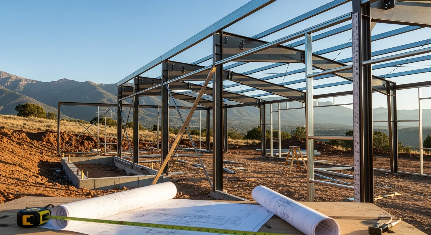 A completed pre-engineered metal building with a standing-seam steel roof set against the forested Sacramento Mountain terrain near Ruidoso, New Mexico. The structure shows a clear-span commercial bay with a wide roll-up door and a concrete apron in front.