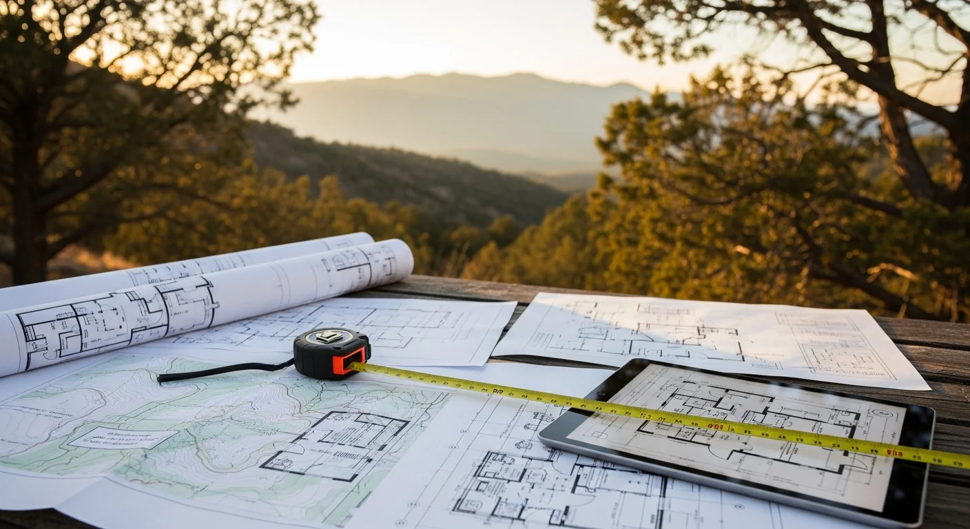 A Western Builders residential design consultation in progress, with floor plan drawings and site notes spread across a table in a Ruidoso, New Mexico mountain setting. The surrounding Sacramento Mountain terrain is visible through the window, showing the sloped, forested landscape typical of the area.