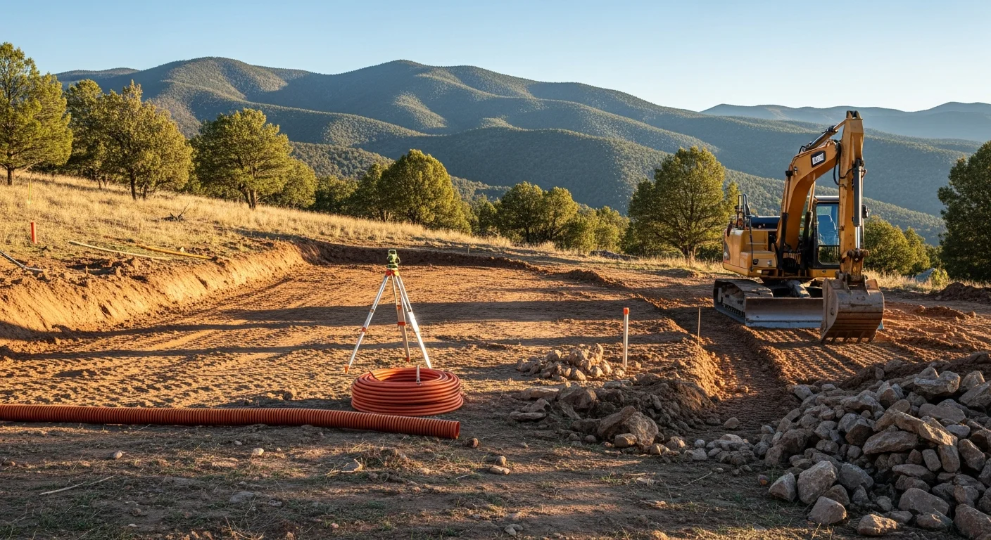 A graded and cleared mountain lot in Ruidoso, New Mexico with compacted soil and defined drainage slopes ready for foundation work. Ponderosa pines and the Sacramento Mountain ridgeline are visible in the background.